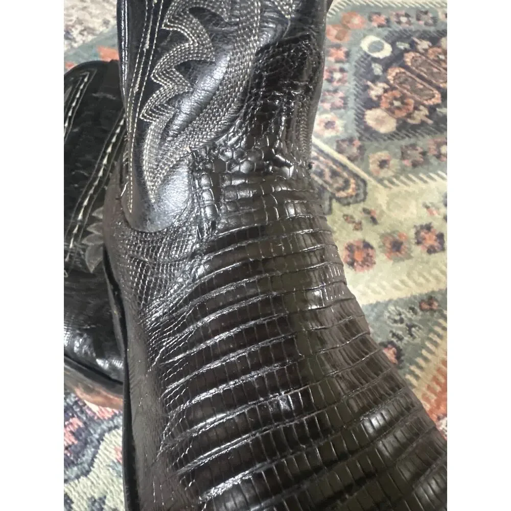 Vintage Dan Post Black Teju Lizard Men's Cowboy Boots USA 9.5B Western